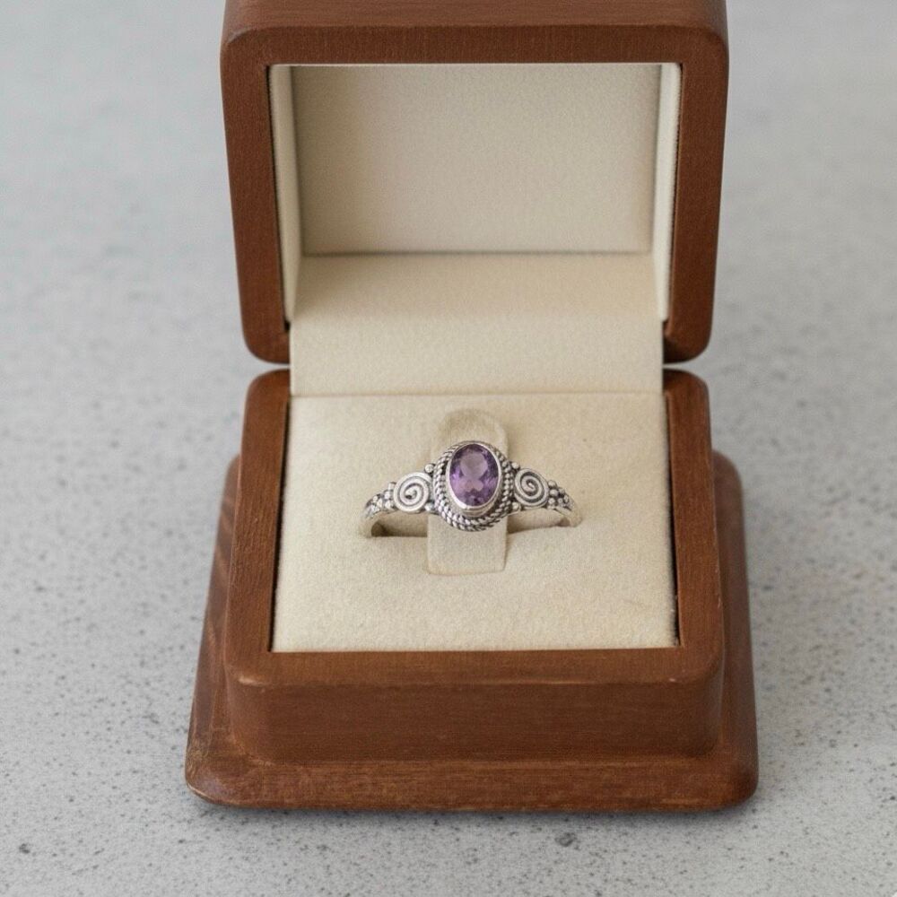 New Genuine Amethyst Sterling Silver Ring Ornate Boho Scroll Design Size 12